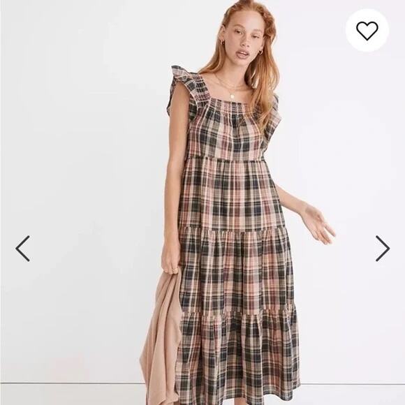 Madewell Flutter-Sleeve Tiered Midi Dress in Plaid Boho Cottage Women’s Size L - Picture 1 of 5